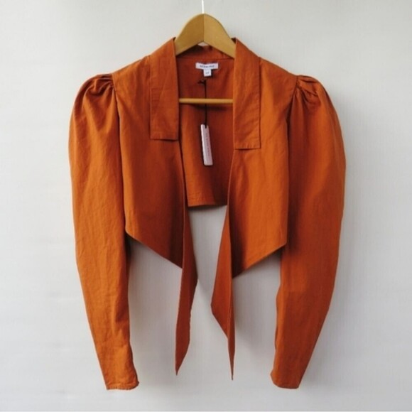 WeWoreWhat Womens Small Bisou Burnt Orange Puff Sleeve Tie Front Crop Blouse - Picture 3 of 16